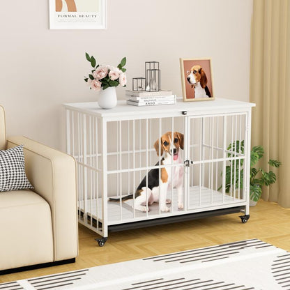 Stylish and Durable 38" Heavy Duty Dog Crate - Elegant Wooden Dog Kennel End Table with Double Doors and Lockable Wheels for Large Dogs