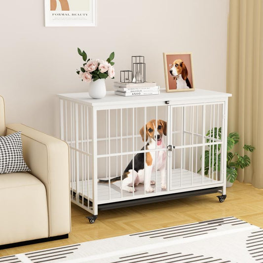 Stylish and Durable 38" Heavy Duty Dog Crate - Elegant Wooden Dog Kennel End Table with Double Doors and Lockable Wheels for Large Dogs
