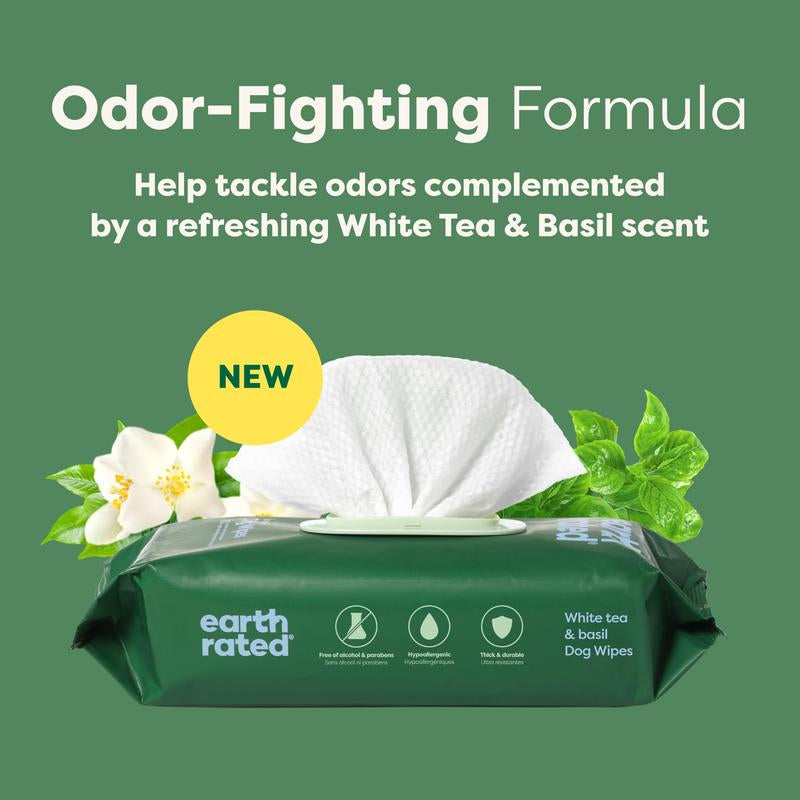 Earth Rated 3-in-1 Pet Grooming Wipes - Clean, Deodorize & Hydrate Your Pets with White Tea & Basil Scent, 400 Count - Hypoallergenic & Alcohol-Free