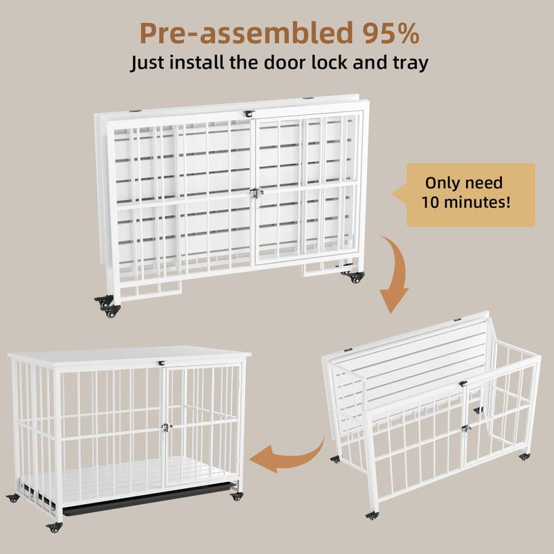 Stylish and Durable 38" Heavy Duty Dog Crate - Elegant Wooden Dog Kennel End Table with Double Doors and Lockable Wheels for Large Dogs