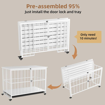 Stylish and Durable 38" Heavy Duty Dog Crate - Elegant Wooden Dog Kennel End Table with Double Doors and Lockable Wheels for Large Dogs
