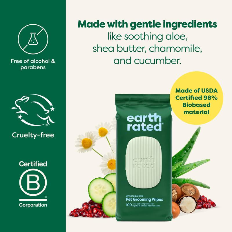 Earth Rated 3-in-1 Pet Grooming Wipes - Clean, Deodorize & Hydrate Your Pets with White Tea & Basil Scent, 400 Count - Hypoallergenic & Alcohol-Free
