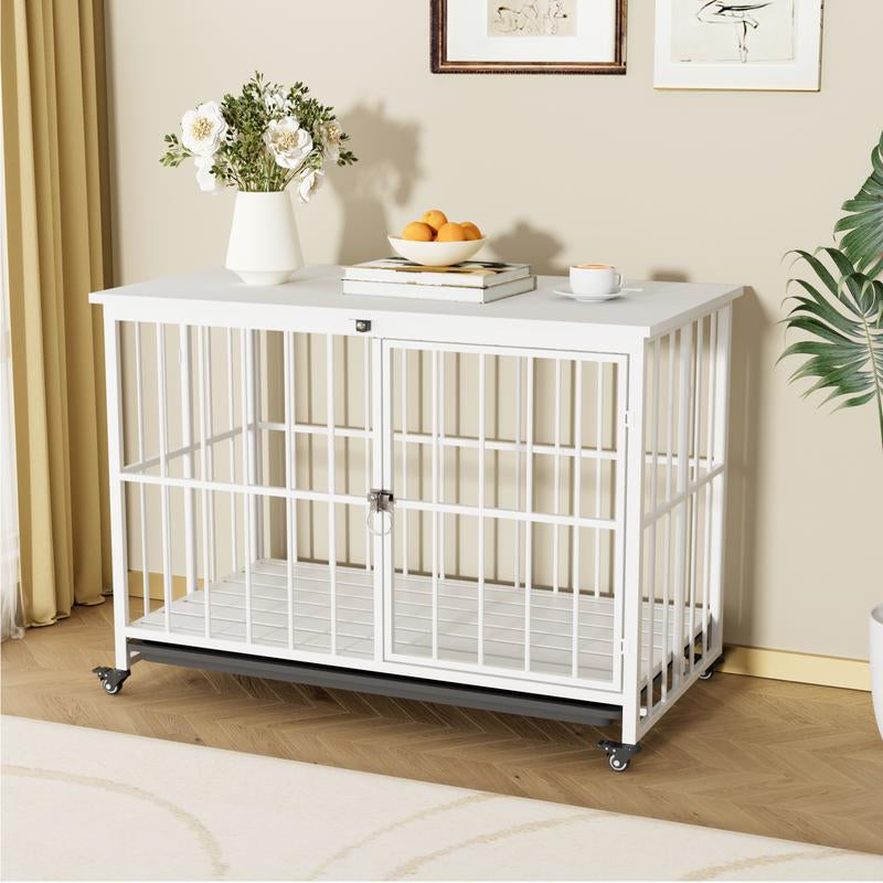 Stylish and Durable 38" Heavy Duty Dog Crate - Elegant Wooden Dog Kennel End Table with Double Doors and Lockable Wheels for Large Dogs
