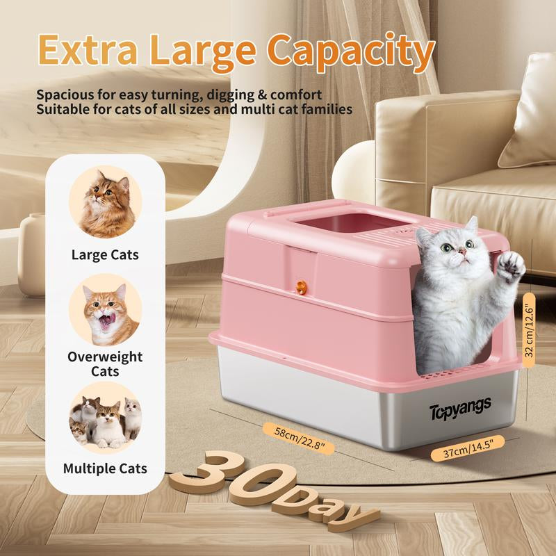 Upgrade Your Cat's Comfort with the TOPYANS XL Stainless Steel Litter Box - Enclosed Design with Flip-Top Lid for Easy Cleaning and Leak Prevention