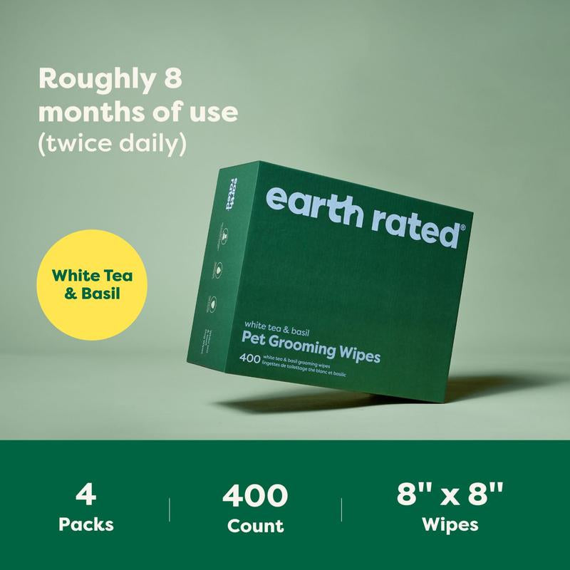 Earth Rated 3-in-1 Pet Grooming Wipes - Clean, Deodorize & Hydrate Your Pets with White Tea & Basil Scent, 400 Count - Hypoallergenic & Alcohol-Free