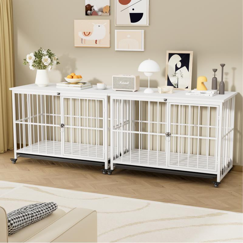 Stylish and Durable 38" Heavy Duty Dog Crate - Elegant Wooden Dog Kennel End Table with Double Doors and Lockable Wheels for Large Dogs