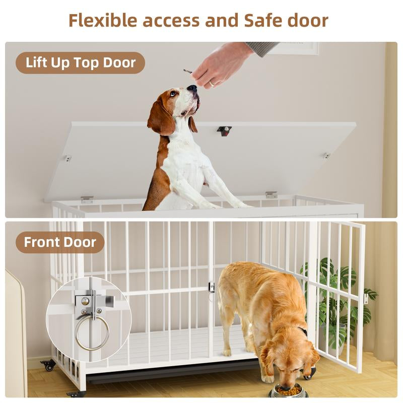 Stylish and Durable 38" Heavy Duty Dog Crate - Elegant Wooden Dog Kennel End Table with Double Doors and Lockable Wheels for Large Dogs