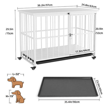 Stylish and Durable 38" Heavy Duty Dog Crate - Elegant Wooden Dog Kennel End Table with Double Doors and Lockable Wheels for Large Dogs