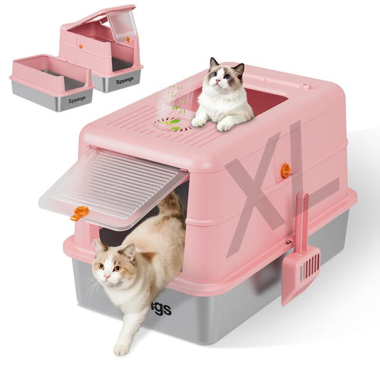 Upgrade Your Cat's Comfort with the TOPYANS XL Stainless Steel Litter Box - Enclosed Design with Flip-Top Lid for Easy Cleaning and Leak Prevention
