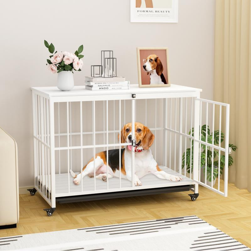 Stylish and Durable 38" Heavy Duty Dog Crate - Elegant Wooden Dog Kennel End Table with Double Doors and Lockable Wheels for Large Dogs